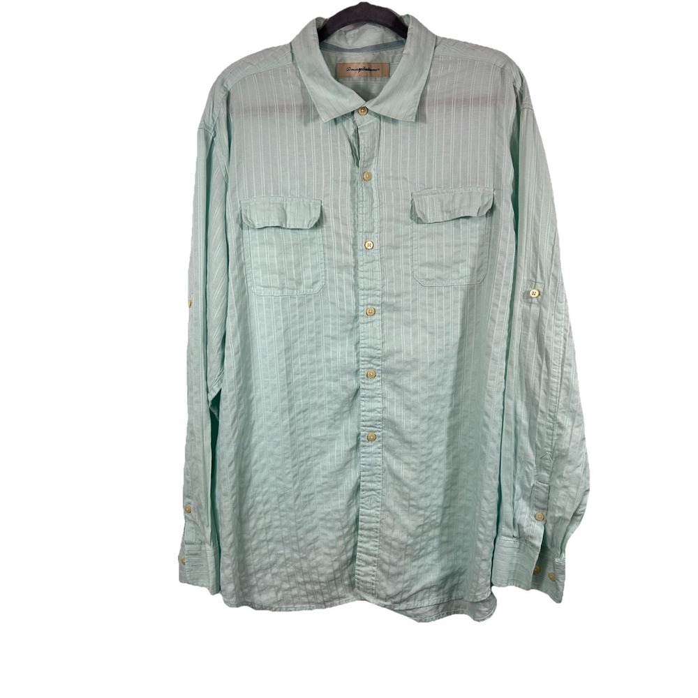 Tommy Bahama XL Seafoam Green Linen‎ Blend Button Down Shirt Coastal Resort Palm
